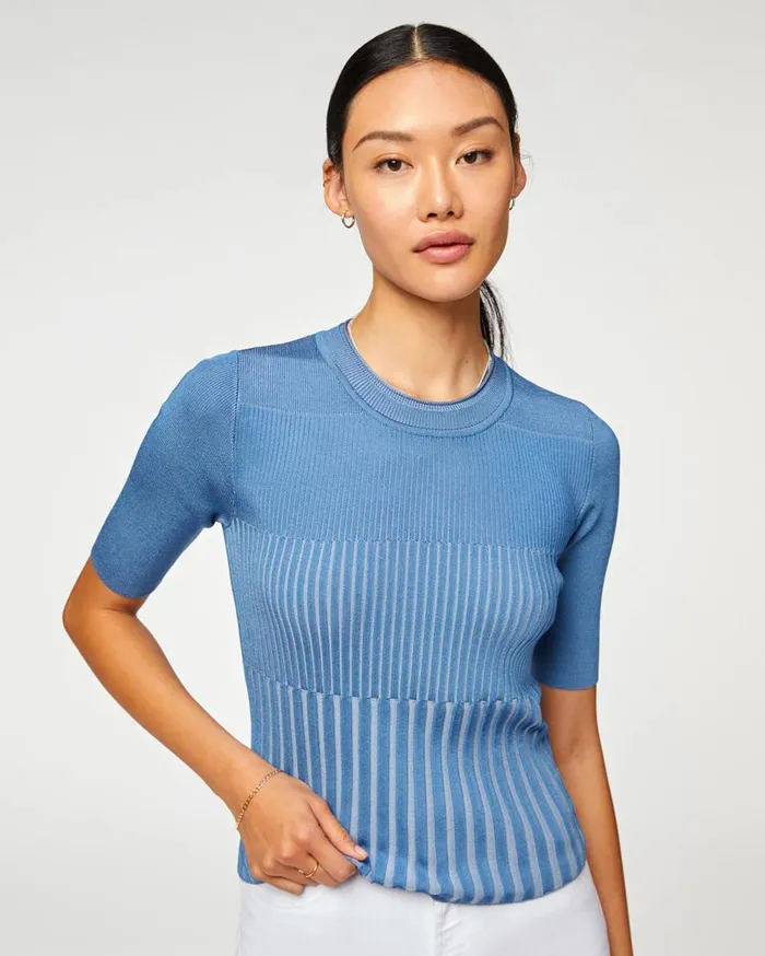 Tops Women 7 For All Mankind Rib Knit Elbow Sleeve Pullover In Ash Blue