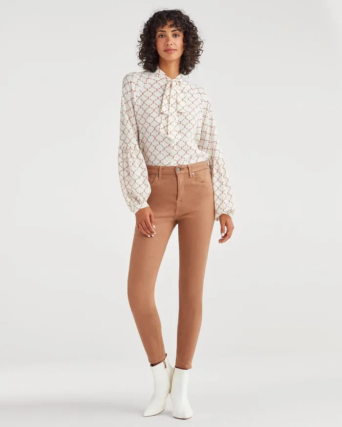 Tops Women 7 For All Mankind Tie Neck Blouse In Soft White Status Chain Print