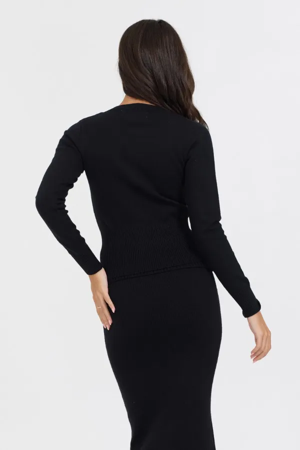 Vintage Havana Casual Tops Women Black Slim Fit Knit Button Down Black