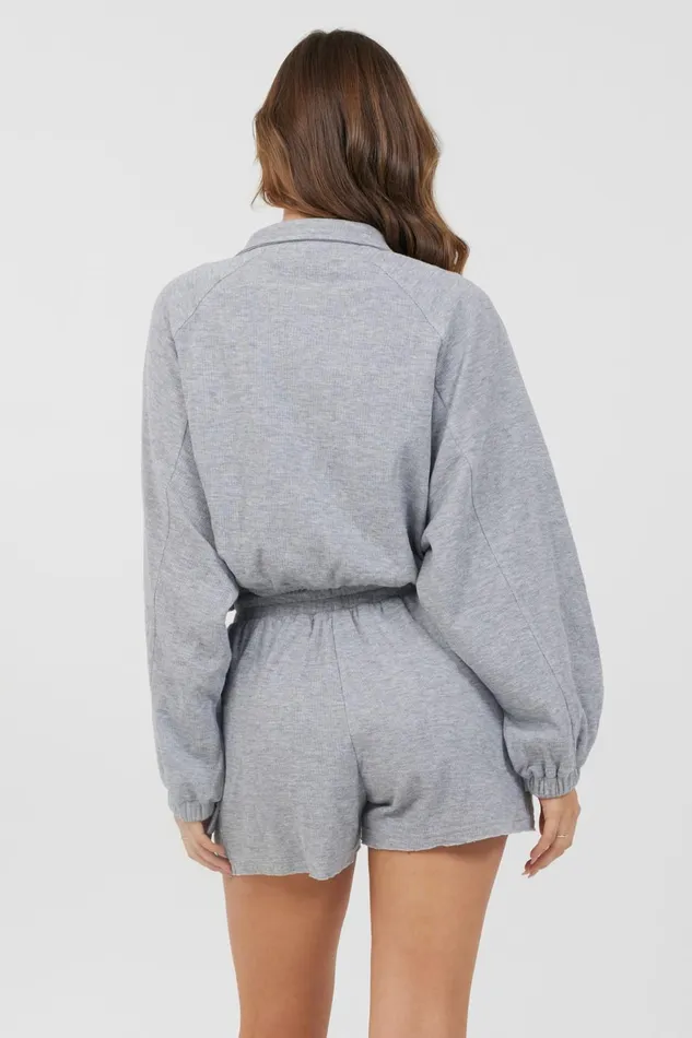 Vintage Havana Casual Tops Women Heather Grey Bounded Textured Jersey Zip Up W Tie Heather Grey