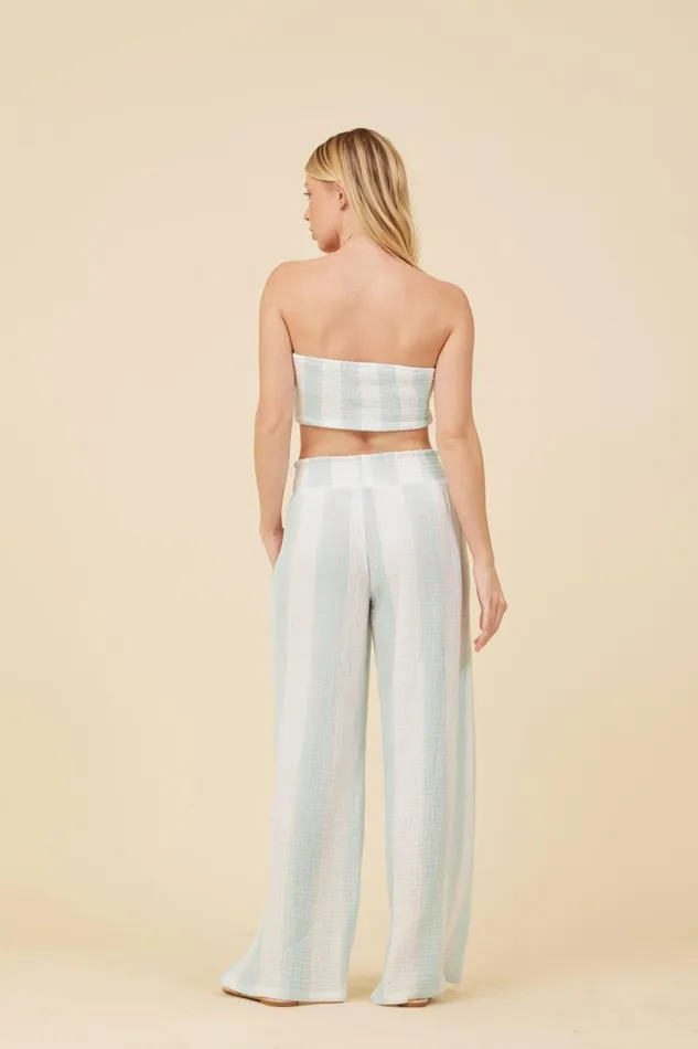 Vintage Havana Casual Tops Women Mint and White Cabana Stripe Gauze Bandeau Crop Top Mint White