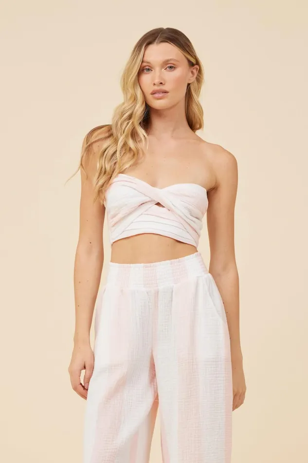 Vintage Havana Casual Tops Women Pink and White Cabana Stripe Gauze Bandeau Crop Top Pink White Vintage Havana Casual Tops Women Pink and White Cabana Stripe Gauze Bandeau Crop Top Pink White