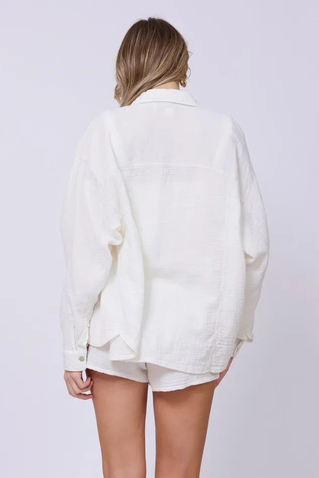 Vintage Havana Casual Tops Women Washed White Gauze Button Up Washed White