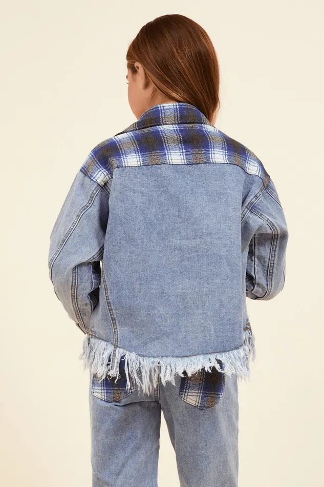 Vintage Havana Kids Tops Women Denim and Blue Plaid Frayed Button Down Denim Blue Plaid