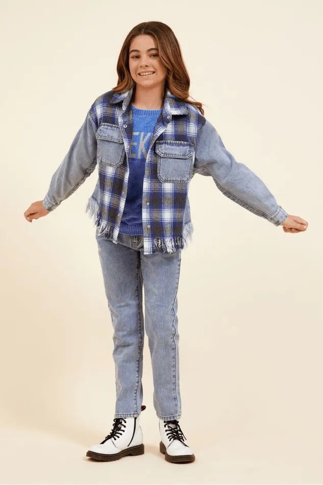 Vintage Havana Kids Tops Women Denim and Blue Plaid Frayed Button Down Denim Blue Plaid