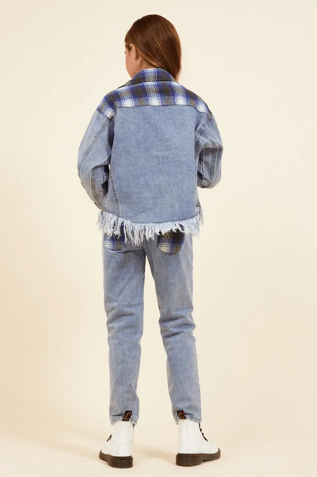 Vintage Havana Kids Tops Women Denim and Blue Plaid Frayed Button Down Denim Blue Plaid
