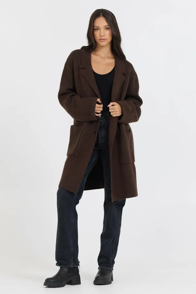 Vintage Havana Outerwear Women Deep Brown Sweater Mid Length Coat Brown