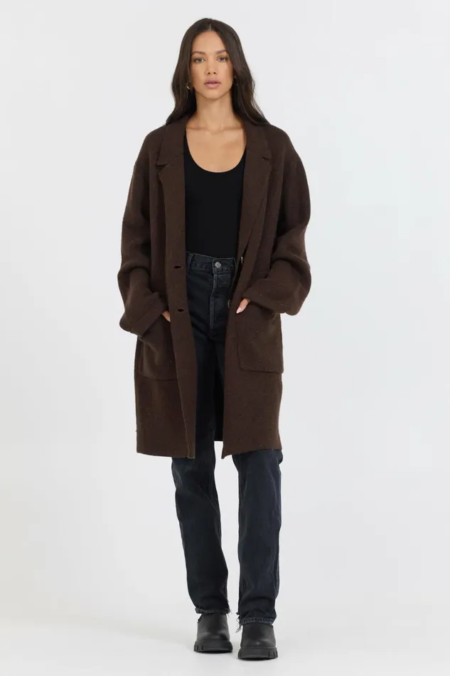 Vintage Havana Outerwear Women Deep Brown Sweater Mid Length Coat Brown