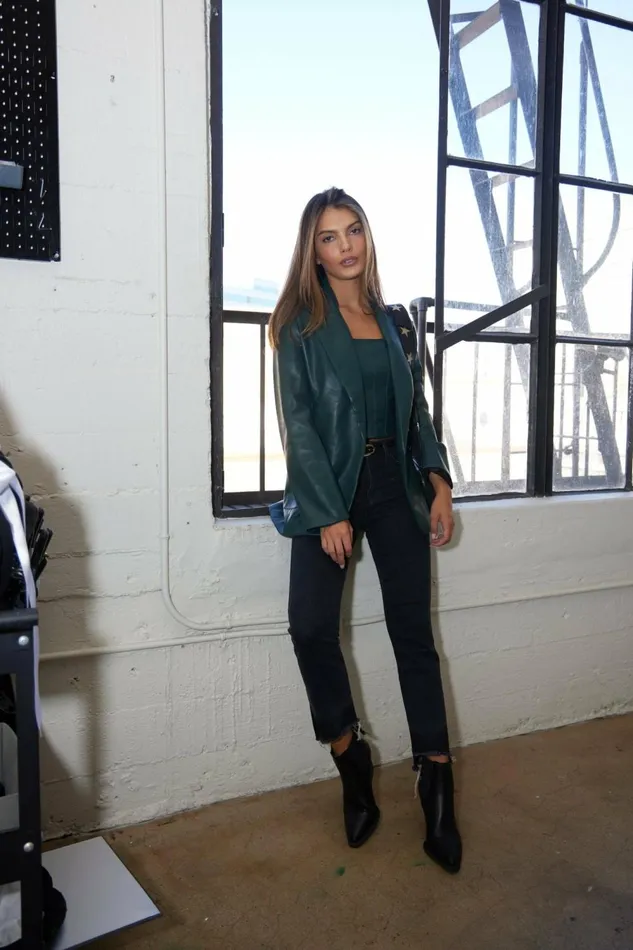 Vintage Havana Outerwear Women Forest Green Faux Leather Blazer Forest Green