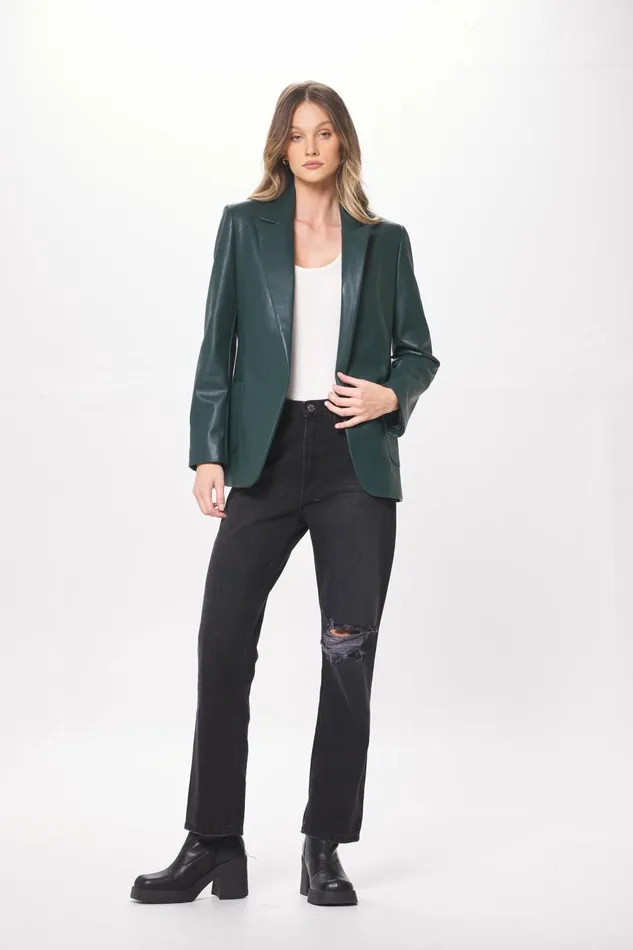 Vintage Havana Outerwear Women Forest Green Faux Leather Blazer Forest Green