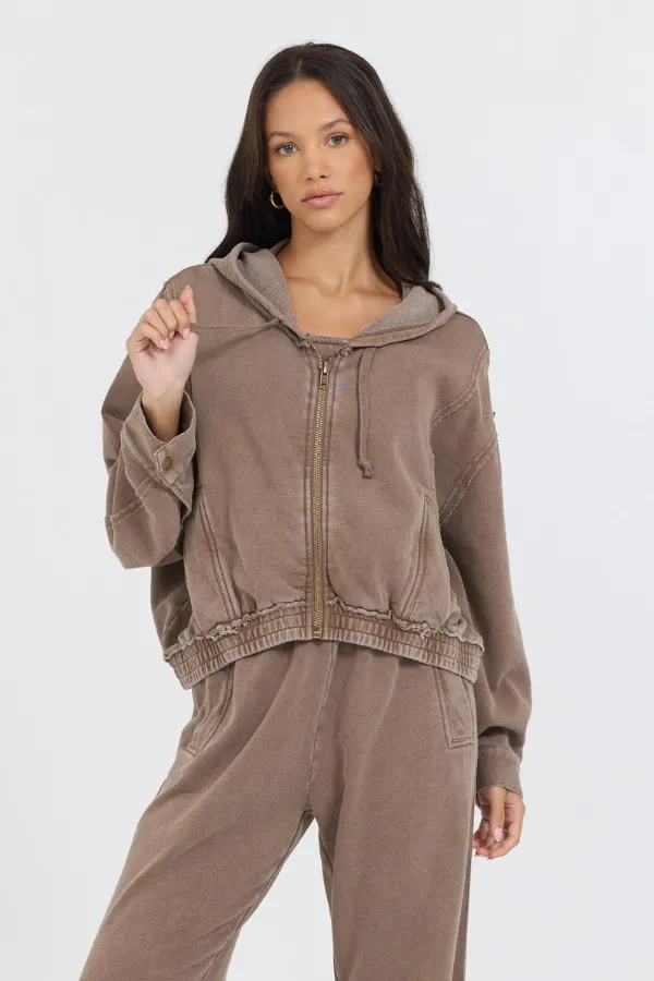 Vintage Havana Sweatshirts Women Washed Mocha Garment Dye French Terry Zip Up Hoodie Mocha Vintage Havana Sweatshirts Women Washed Mocha Garment Dye French Terry Zip Up Hoodie Mocha