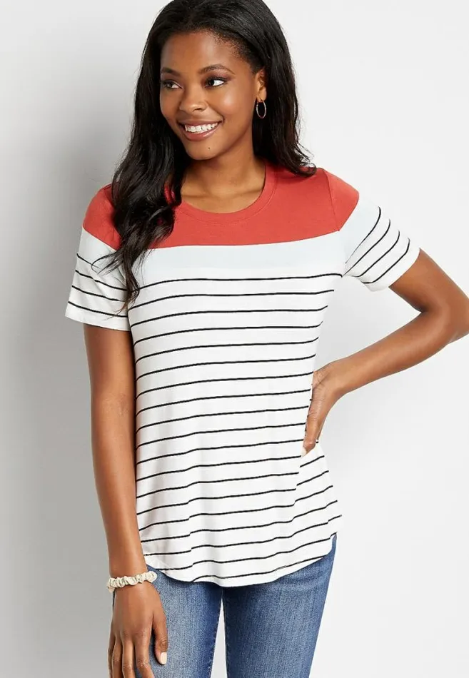 Women 247 White Striped Colorblock Baseball Tee Maurices Tops