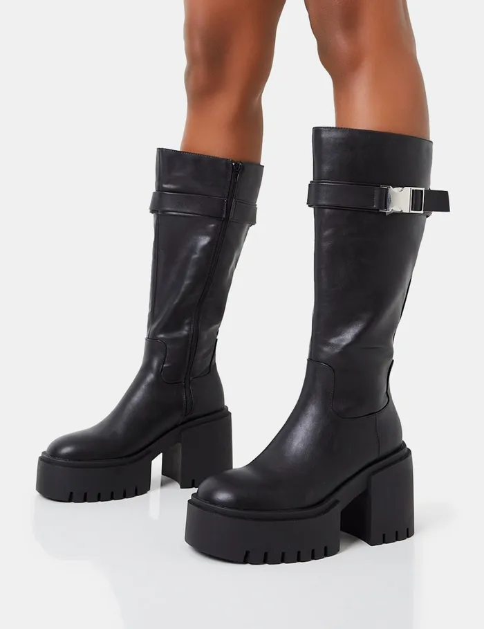 Women Alaska Black Pu Calf Strap Buckle Detailed Knee High Chunky Sole Block Heel Boots Black Public Desire Knee High Boots