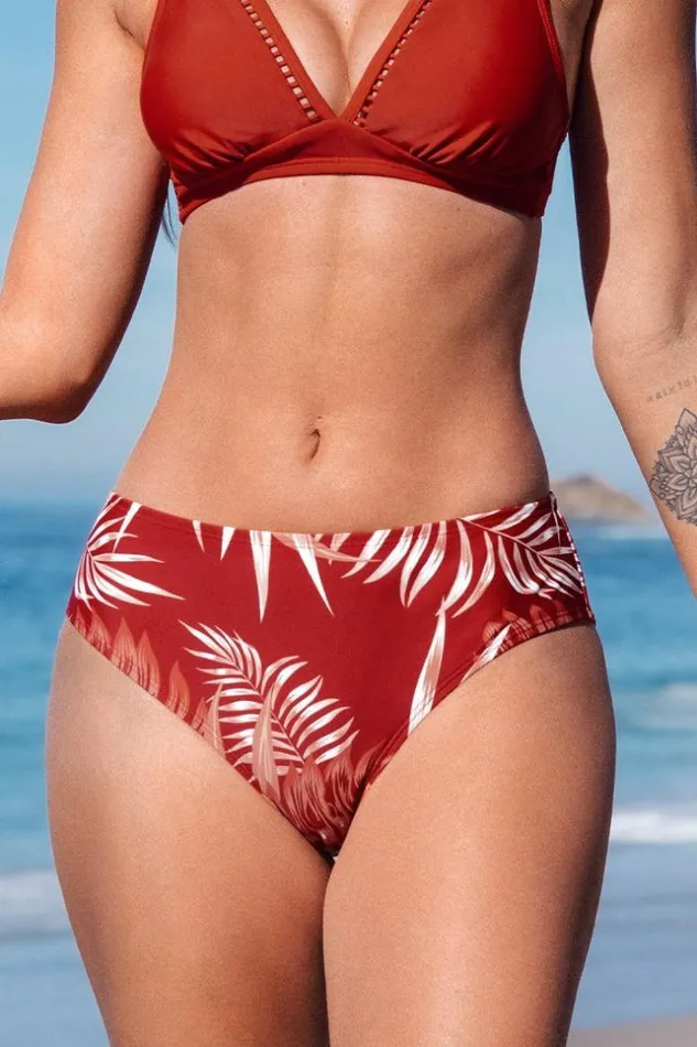 Women Bikini Bottoms Cupshe Tropic Escape Ladder Trim MidRise Hipster Bikini Bottom Red