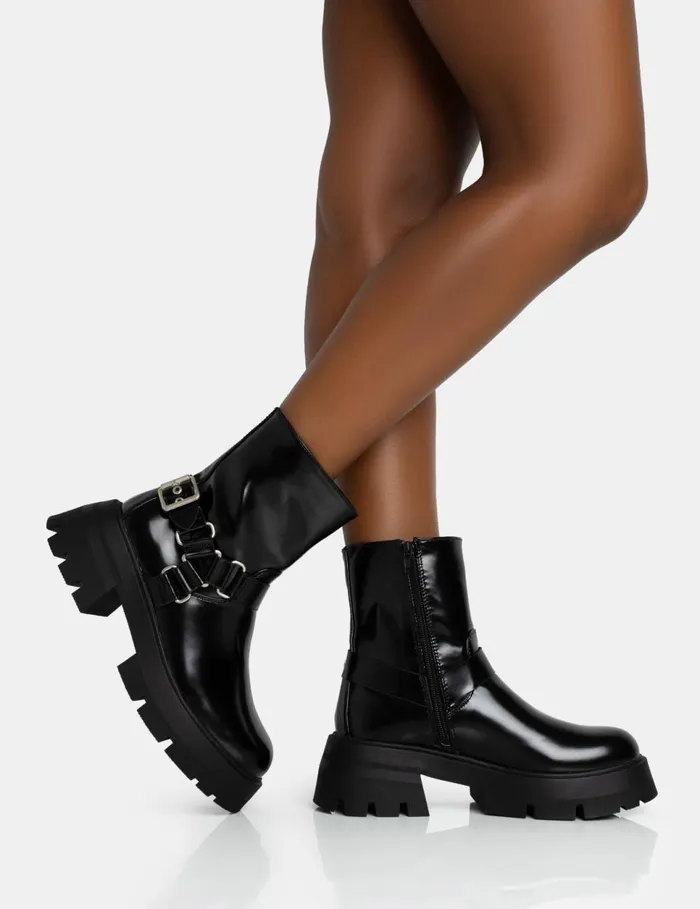 Women Blizzard Black Pu Metal Buckle Detailed Zip Up Rounded Chunky Sole Ankle Boots Black Public Desire Chunky Boots