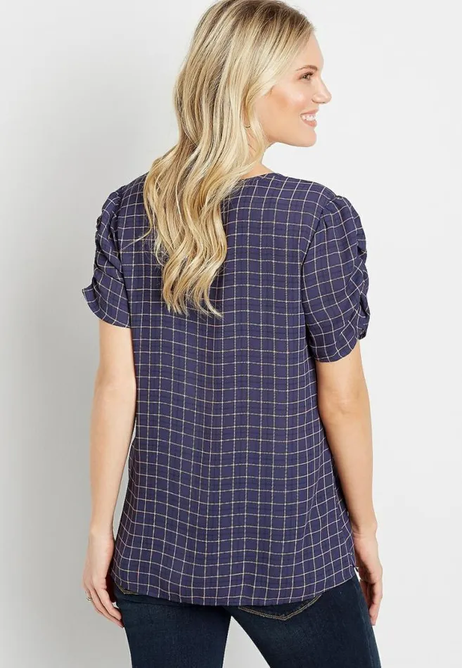 Women Blue Plaid Ruched Sleeve Blouse Maurices Tops