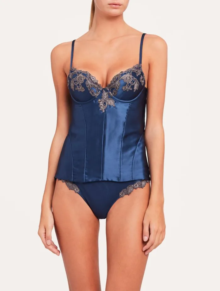 Women Bodysuits and Bustiers La Perla Blue Corset In Silk Satin With Frastaglio