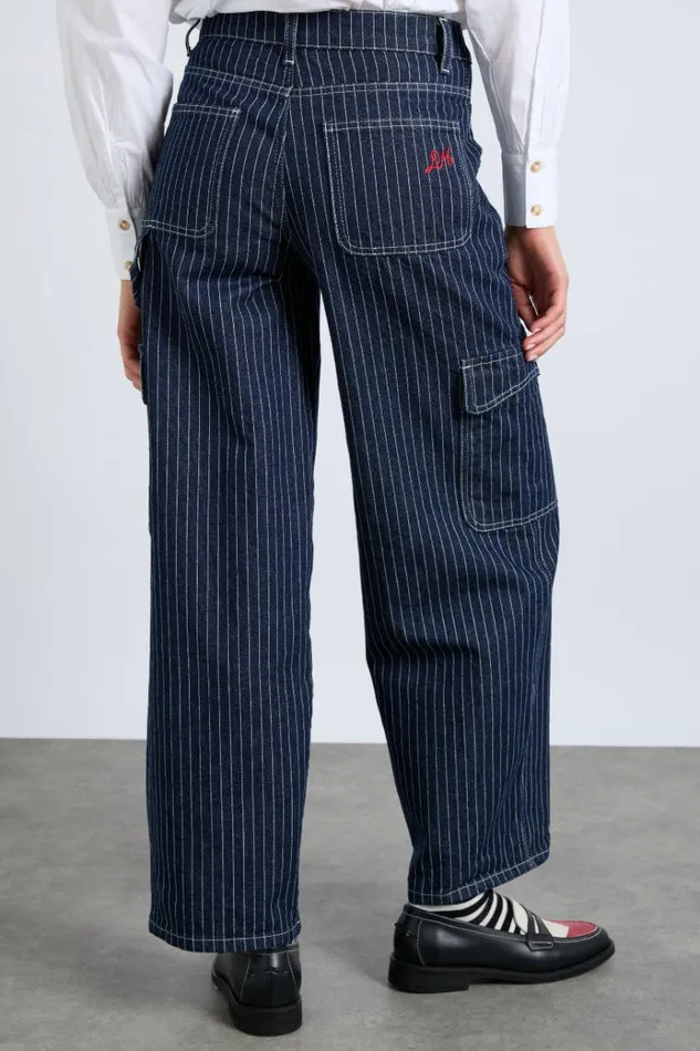Women Bottoms Damson Madder Cargo Jeans 8211 Navy Pinstripe