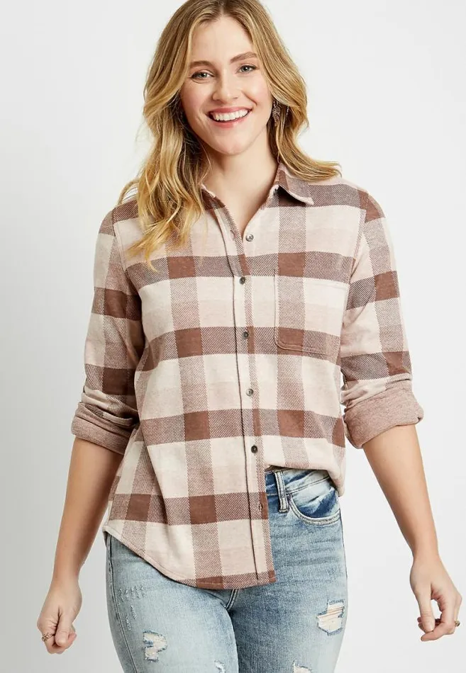 Women Buffalo Plaid Cozy Knit Flannel Button Down Shirt Maurices Tops