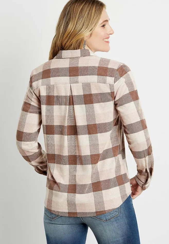 Women Buffalo Plaid Cozy Knit Flannel Button Down Shirt Maurices Tops
