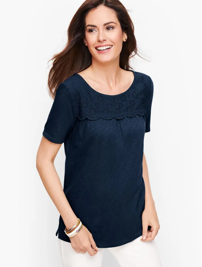 Women Cap And Short Sleeve Talbots Eyelet Trim Tee Indigo Blue