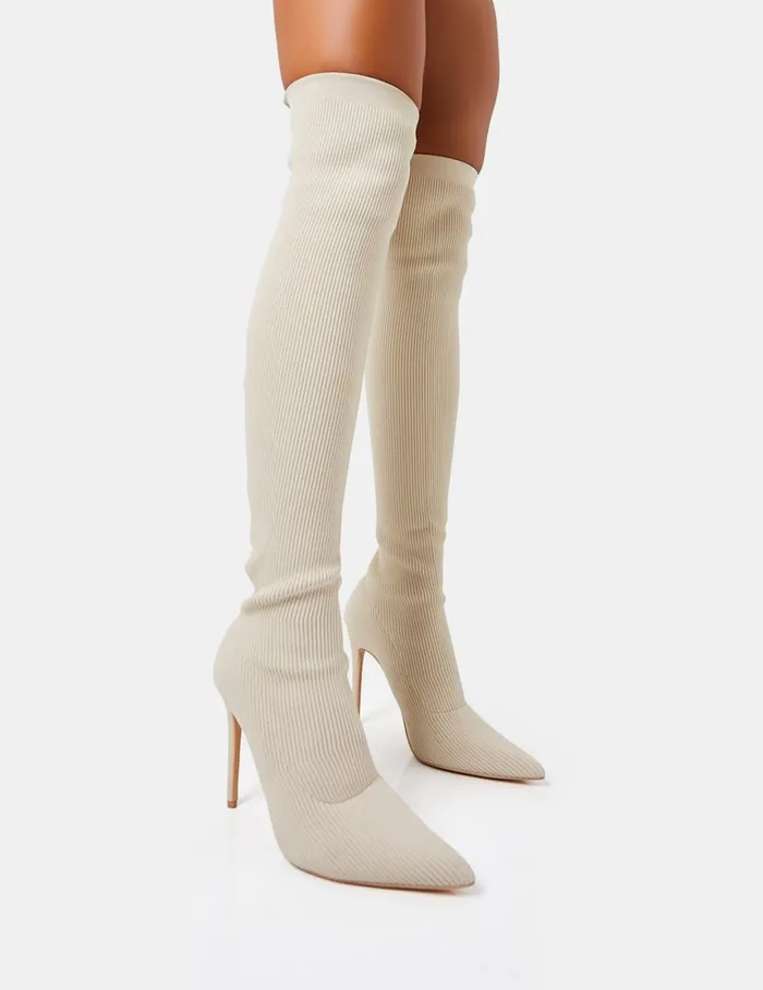 Women Chateau Off White Knitted Sock Stiletto Over The Knee Pointed Toe Boots White Public Desire Over The Knee Boots