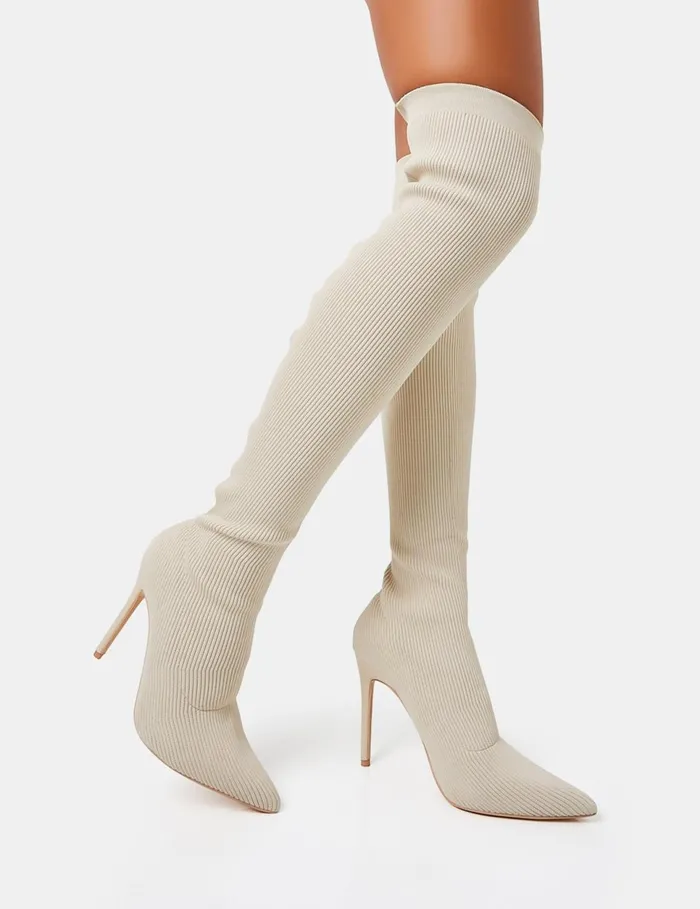Women Chateau Off White Knitted Sock Stiletto Over The Knee Pointed Toe Boots White Public Desire Over The Knee Boots