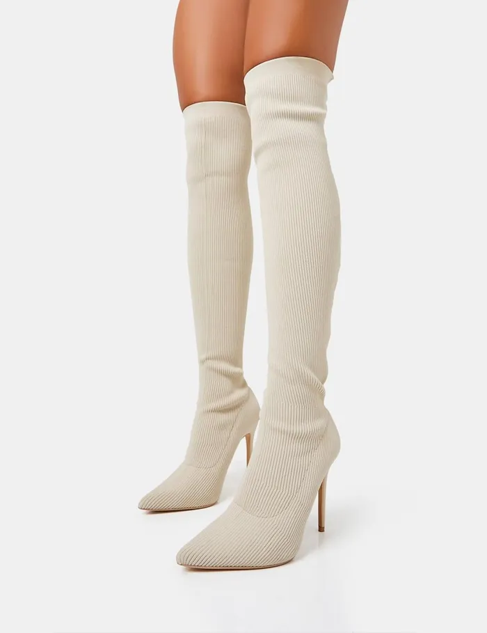 Women Chateau Off White Knitted Sock Stiletto Over The Knee Pointed Toe Boots White Public Desire Over The Knee Boots