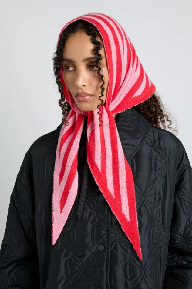 Women Cold Weather Accessories Damson Madder Knitted Triangle Headscarf In Pink and Red Stripe