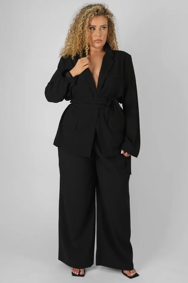 Women Curve Premium Tie Waist Wide Leg Trousers Black Kaiia Black Public Desire Trousers