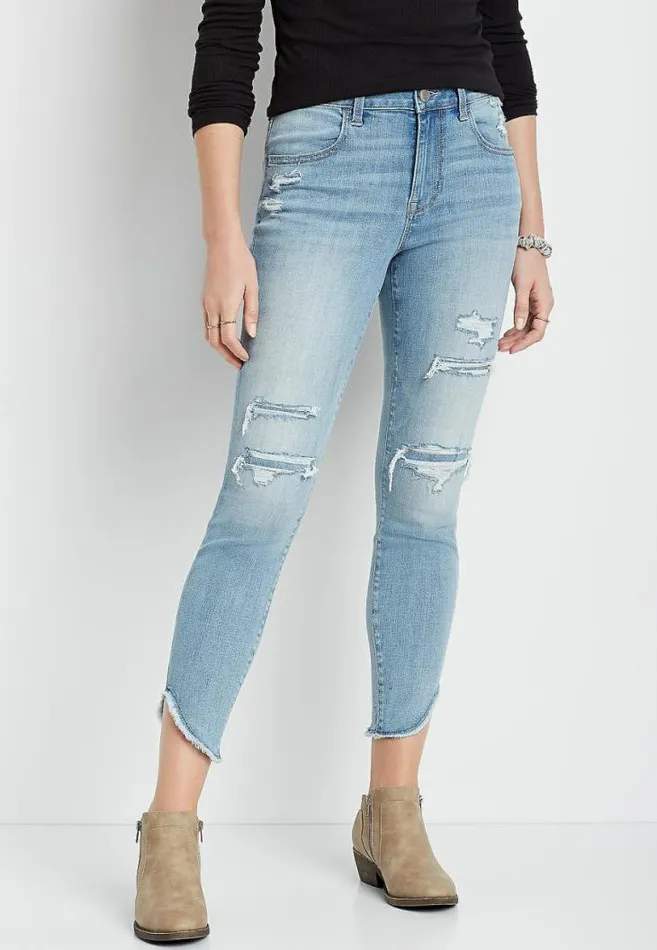 Women Denimflex High Rise Medium Back Destructed Scallop Hem Jegging Maurices Jeans