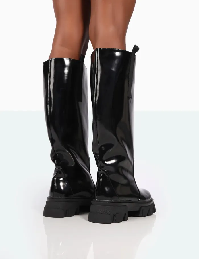 Women Genius Wide Fit Knee High Chunky Sole Boots Black Public Desire Long Boots