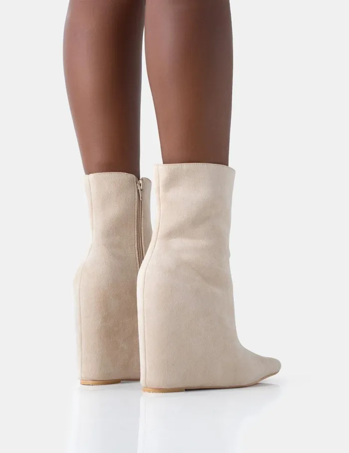 Women Getaway Beige Faux Suede Wedged Heeled Ankle Boot Neutral Public Desire Ankle Boots