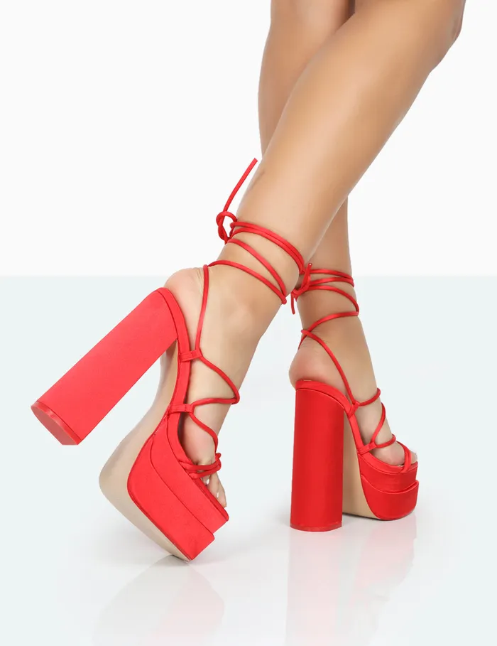 Women Glow Girl Red Lace Up Platform High Heels Red Public Desire Wedding