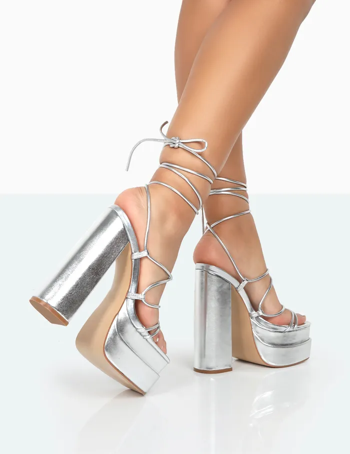 Women Glow Girl Silver Metallic PU Lace Up Platform High Heels Silver Public Desire Metallics
