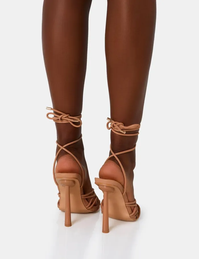Women Glow Up Wide Fit Nude PU Knoteed Strappy Lace Up Square Toe Stiletto Heels Neutral Public Desire Party