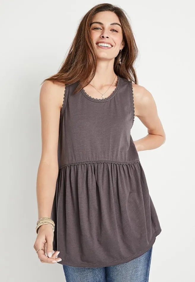 Women Gray Eyelet Trim Babydoll Tank Top Maurices Tops