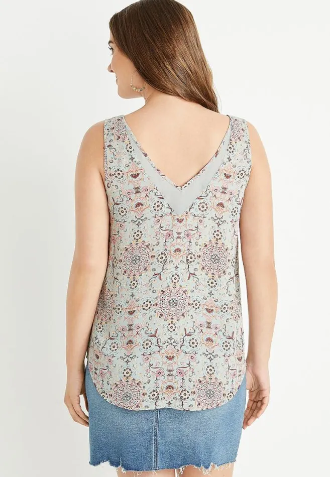 Women Green Floral Sheer Inset V Neck Tank Top Maurices Tops