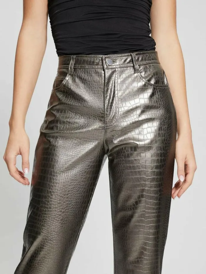 Women GUESS Bottoms Ambra Metallic FauxLeather Pants Antique Metal