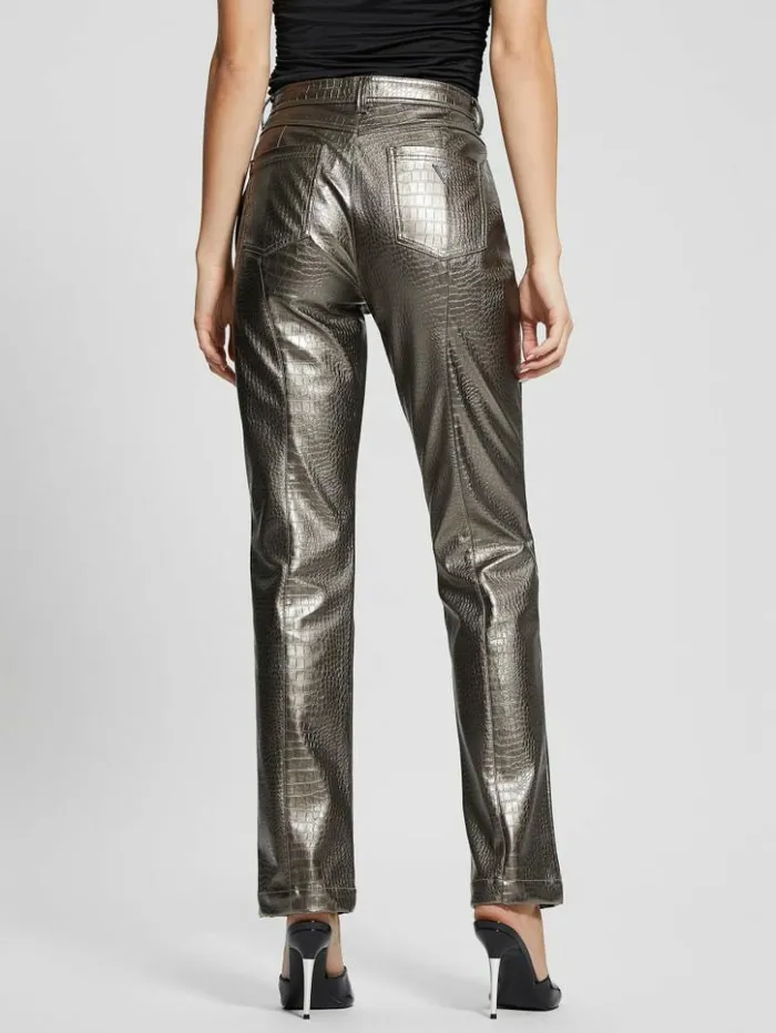 Women GUESS Bottoms Ambra Metallic FauxLeather Pants Antique Metal
