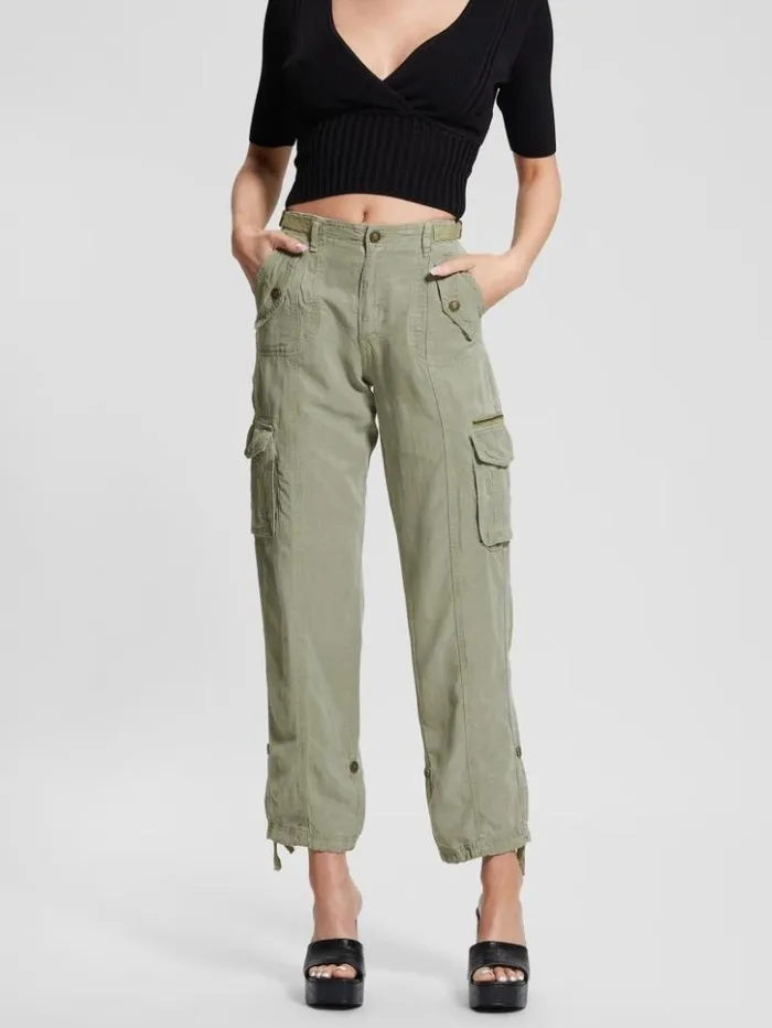 Women GUESS Bottoms Eco Nessi Linen Cargo Pants Ocean Sage Multi