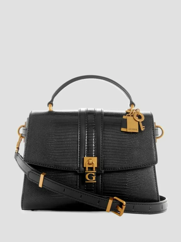 Women GUESS Handbags Ginevra Textured Top Handle Crossbody Black Floral Print