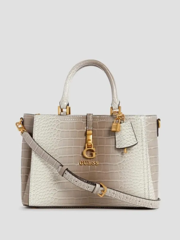 Women GUESS Handbags James Embossed Satchel Rose Goldsmoke Gray