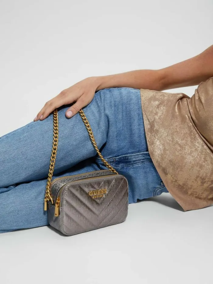 Women GUESS Handbags Jania Metallic Quilted Camera Crossbody Pewter