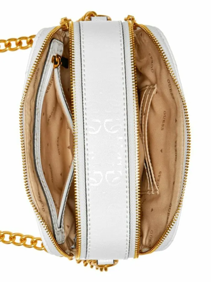 Women GUESS Handbags Jania Quilted Camera Crossbody White