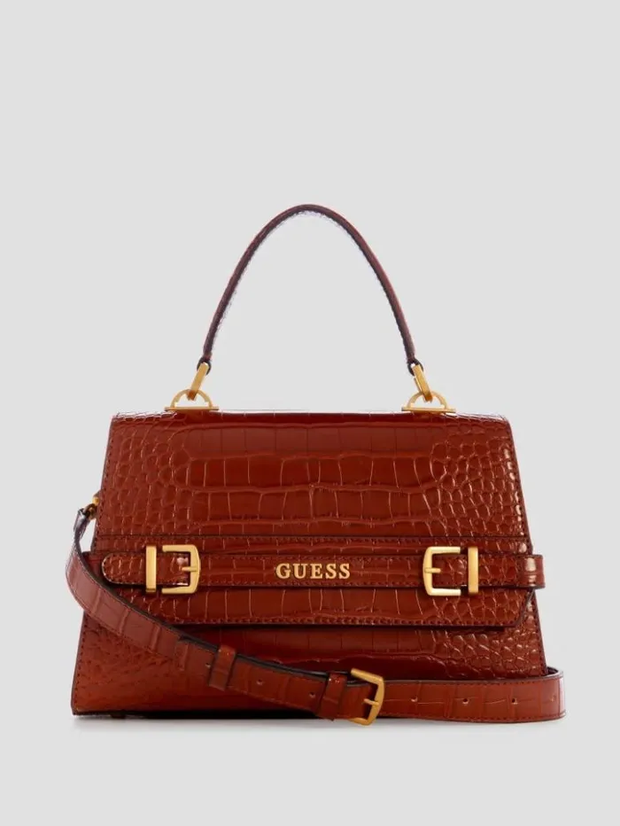 Women GUESS Handbags Sestri CrocodileEmbossed Crossbody Cognac