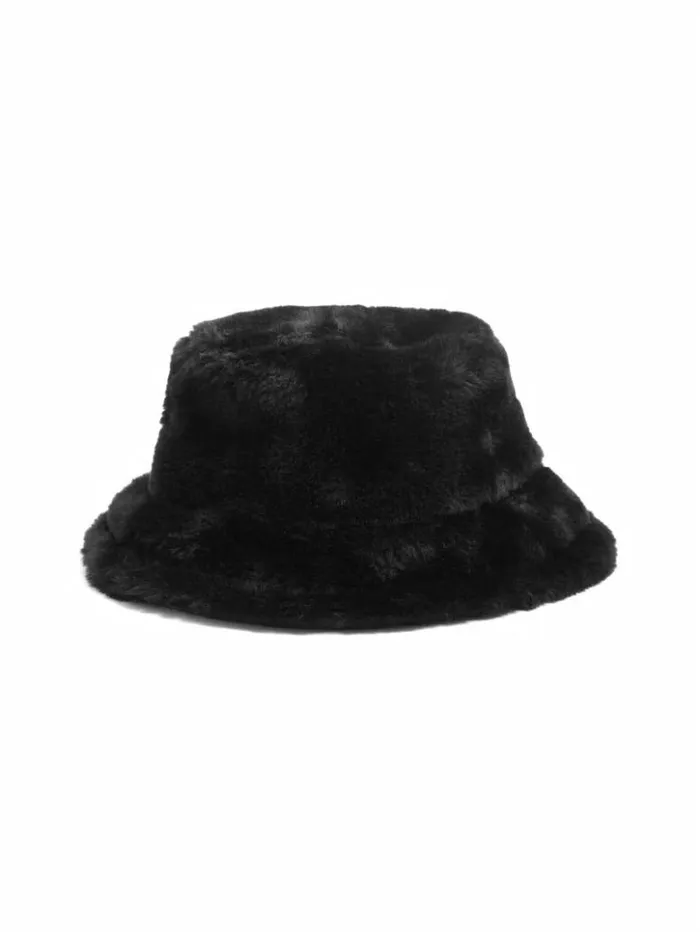Women GUESS Hats and Scarves Reversible FauxFur Bucket Hat Black