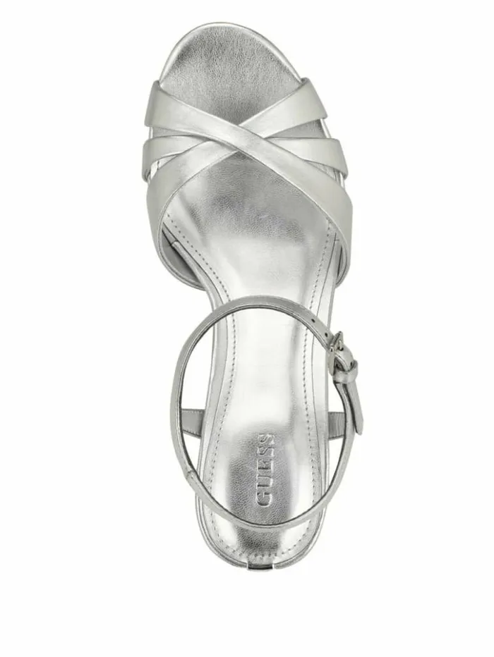 Women GUESS Heels Haylo Crisscross Platform Block Heels Silver 040