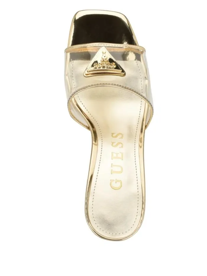 Women GUESS Heels Lusie Triangle Clear Kitten Mules Gold