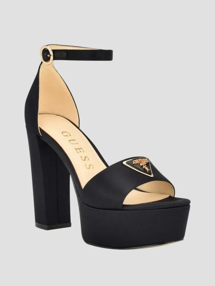 Women GUESS Heels Setone Satin Signature Platform Heels Black 001